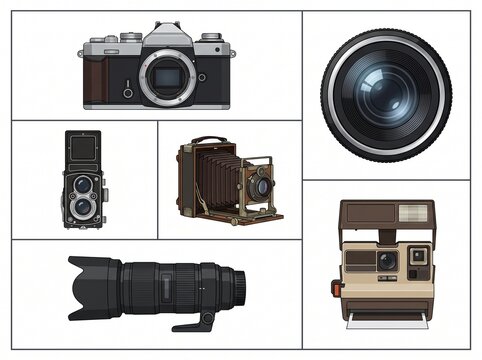 Set of six classic camera icons isolated on white background