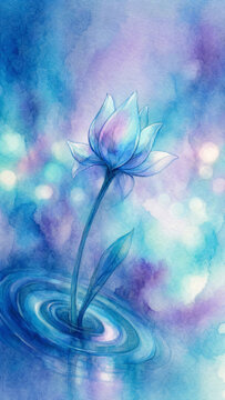 Blue Lotus Blooming on Rippling Water, Dreamy Watercolor Illustration