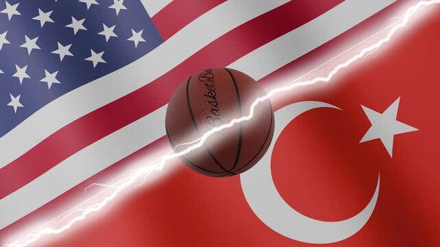 Spinning basketball ball against waving flags Turkey and United States of America separated by a diagonal electric effect, seamless 4k loop