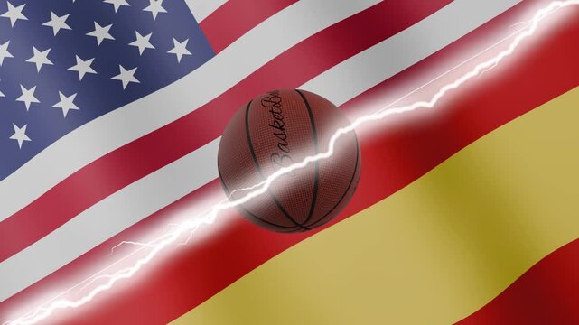 Spinning basketball ball against waving flags Spain and United States of America separated by a diagonal electric effect, seamless 4k loop
