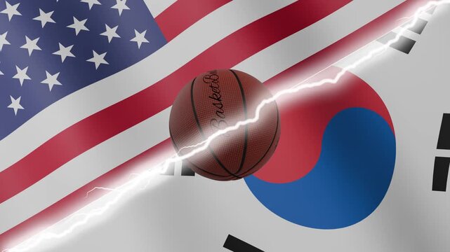 Spinning basketball ball against waving flags South Korea and United States of America separated by a diagonal electric effect, seamless 4k loop