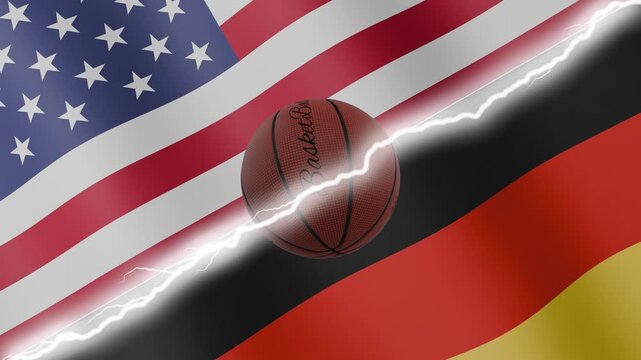 Spinning basketball ball against waving flags Germany and United States of America separated by a diagonal electric effect, seamless 4k loop