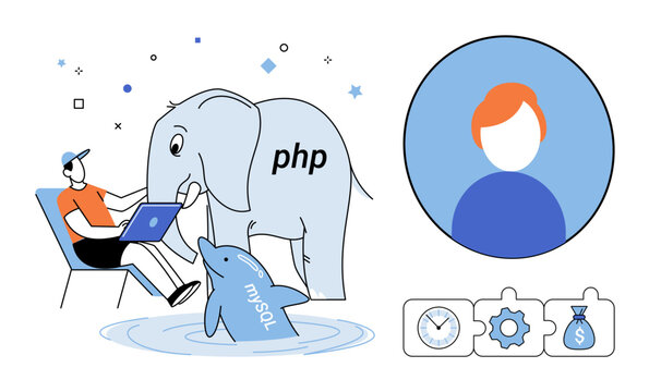 Developer working on laptop with PHP elephant and MySQL dolphin mascot vector illustration. Programming, database management, software engineering, backend coding, web development, technology. Coder