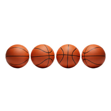 Four orange basketballs with pebbled texture and black lines arranged in a horizontal row on a transparent background, concept of professional sports gear