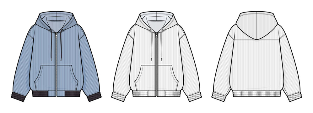 Full Zip Hooded Jacket Technical Fashion Illustration. Corduroy Hoodie with Kangaroo Pocket and Elasticized Cuffs Vector Template. Front and Back View. Unisex Apparel. CAD Mockup Set.