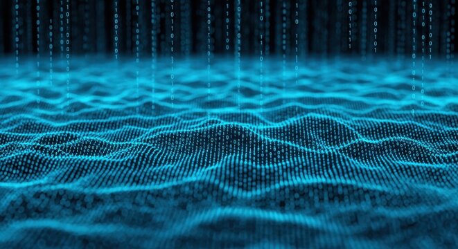 Blue Digital Data Wave Network with Falling Binary Code Rain.