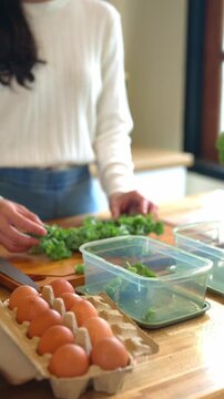 Woman Preparing Healthy Meal Prep with Fresh Kale and Eggs in Kitchen