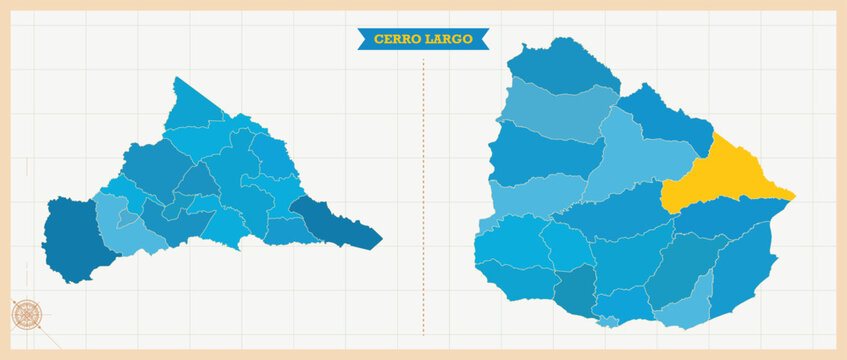 Cerro Largo Department Highlighted in Uruguay Map, Modern Uruguay and Cerro Largo Administrative Map, Colorful High Detailed Vector with Geographical Borders