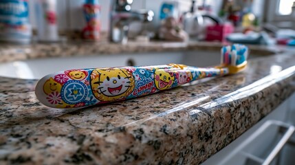 Obraz premium Colorful children's toothbrush resting on a marble countertop near a bathroom sink, showcasing playful design and oral hygiene habits for kids