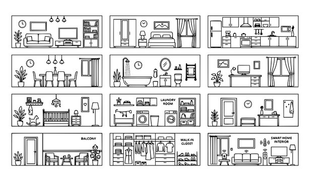 Set of hand drawn interior room icons showing living room kitchen bedroom bathroom nursery laundry and smart home