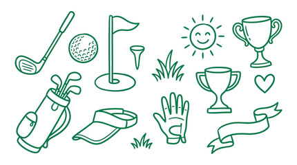 Collection of hand-drawn golf icons and elements, perfect for sports and leisure themes.