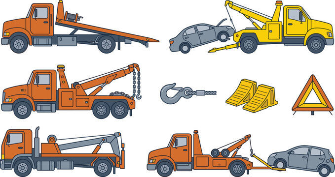 Tow Truck and Roadside Assistance Vehicle Vector Icon Set with Flatbed, Wrecker, Broken Car, Hook, Wheel Chocks, and Warning Triangle