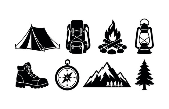 Essential camping and hiking icons set with tent backpack campfire lantern boot compass, pine tree