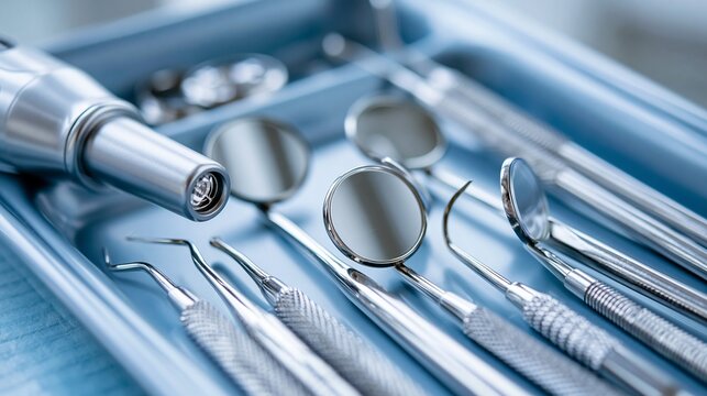 Close-up view of various dental instruments neatly arranged in a stainless steel tray, showcasing precision and hygiene in a dental clinic setting