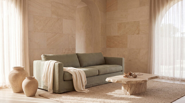 A lounge with naturally curved shapes, soft beige, warm sand, and sage green tones.