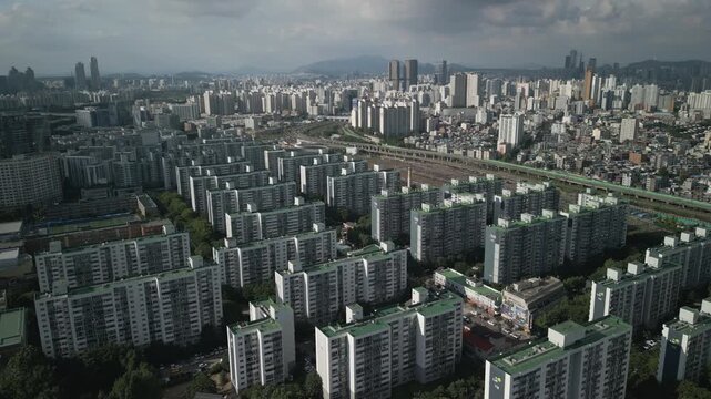 4K Drone of Surrounding Area of Gocheok Sky Dome Baseball Stadium and the Train Track Between Guro Station and Gasan Digital Complex Station
