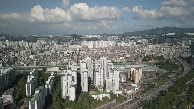 4K Drone of Surrounding Area of Gocheok Sky Dome Baseball Stadium and the Train Track Between Guro Station and Gasan Digital Complex Station
