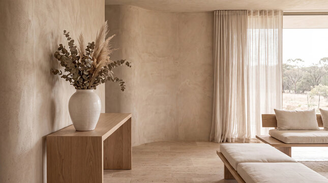 A beige flower vase in the reception room.