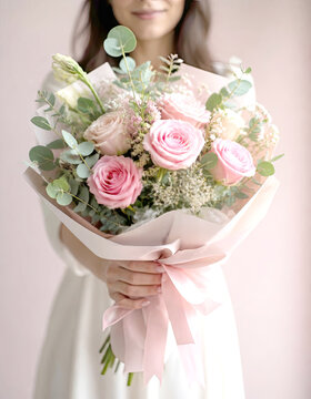 A woman's hand offering a bouquet of flowers in congratulations.