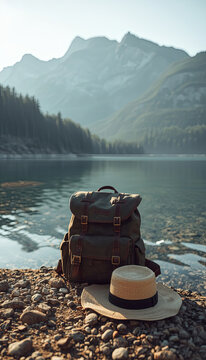 Traveler's bag and hat against a landscape background.