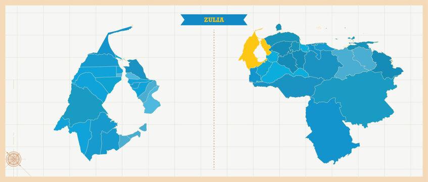 Zulia State Highlighted in Venezuela Map, Modern Venezuela and Zulia Administrative Map, Colorful High Detailed Vector with Geographical Borders