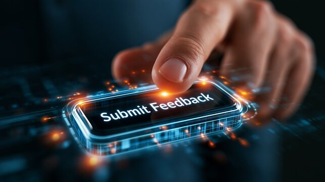 A close-up view of a hand pressing a glowing 'submit feedback' button on a futuristic digital interface, representing user input and online reviews