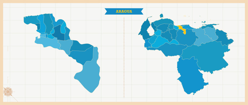 Aragua State Highlighted in Venezuela Map, Modern Venezuela and Aragua Administrative Map, Colorful High Detailed Vector with Geographical Borders