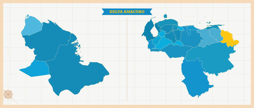 Delta Amacuro State Highlighted in Venezuela Map, Modern Venezuela and Delta Amacuro Administrative Map, Colorful High Detailed Vector with Geographical Borders