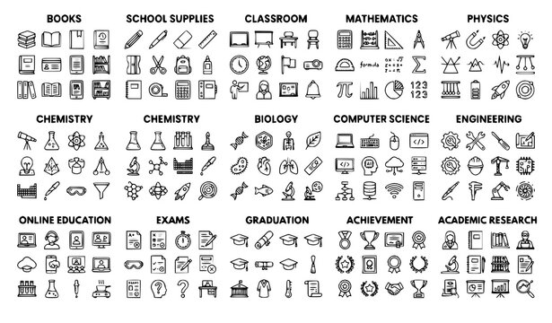 Set of hand drawn education and science icons categorized by subjects for school and university study materials