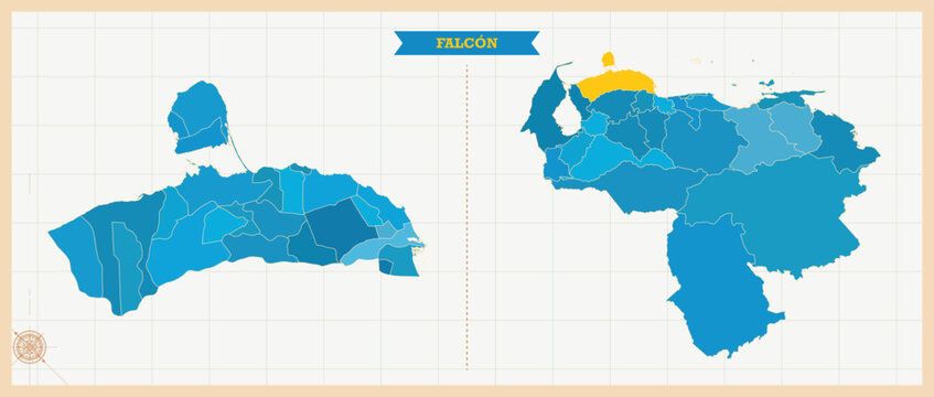 Falc&oacute;n State Highlighted in Venezuela Map, Modern Venezuela and Falc&oacute;n Administrative Map, Colorful High Detailed Vector with Geographical Borders