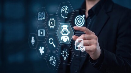 ai education and digital learning platform concept showing executive interacting with holographic bot and hexagonal skill development icons for corporate training strategy

