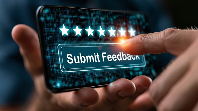 A close-up view of a hand pressing the 'submit feedback' button on a smartphone screen displaying a five-star rating system for customer reviews