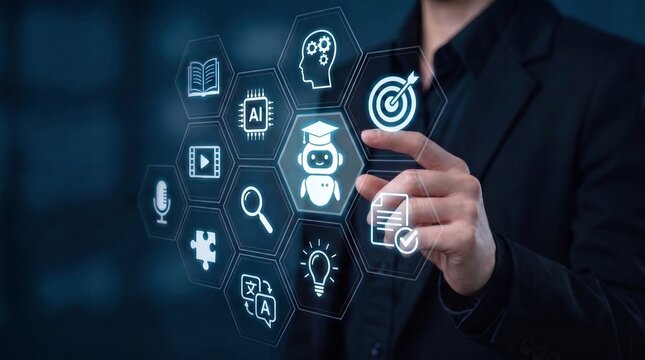 ai education and digital learning platform concept showing executive interacting with holographic bot and hexagonal skill development icons for corporate training strategy

