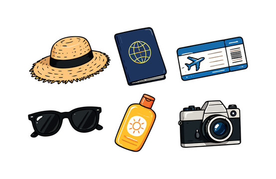Travel essentials icon set with passport camera and summer items boarding pass vacation time