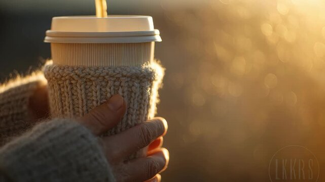 Warm hands holding a takeaway coffee cup in a knitted sleeve on a cold morning, with golden sunlight creating a cozy and inviting atmosphere. Autumn vibes and comfort are highlighted