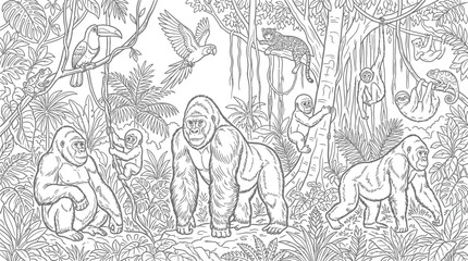 Naklejka premium Detailed black and white illustration of a lush jungle scene filled with various animals and dense foliage.