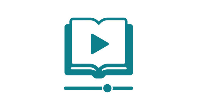 modern open book icon with play button for educational media or minimalistic digital learning symbol for online course material