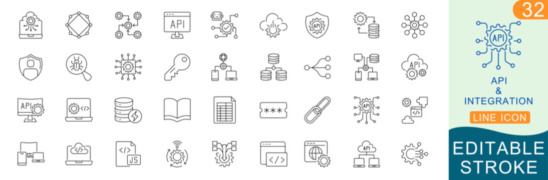 API & Integration Line Icons Set &ndash; Editable Stroke Vector Collection