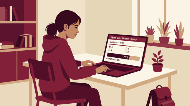 Modern Woman Studying Digital Quiz Illustration or Female Student Working on Online Test Digital Educational Scene