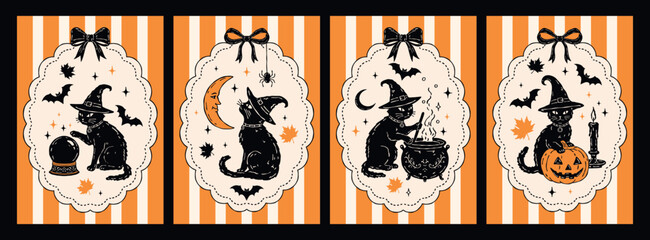 Vintage Halloween vector greeting card set featuring witch cats, crystal ball, moon, pumpkins and candles in monochrome silhouette style with orange accents for seasonal designs © Irina Khovanskaya