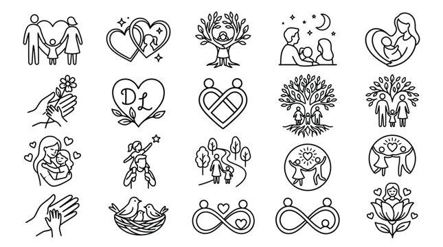 Collection of stylized line art icons representing family, love, and connection, perfect for logos and design elements.