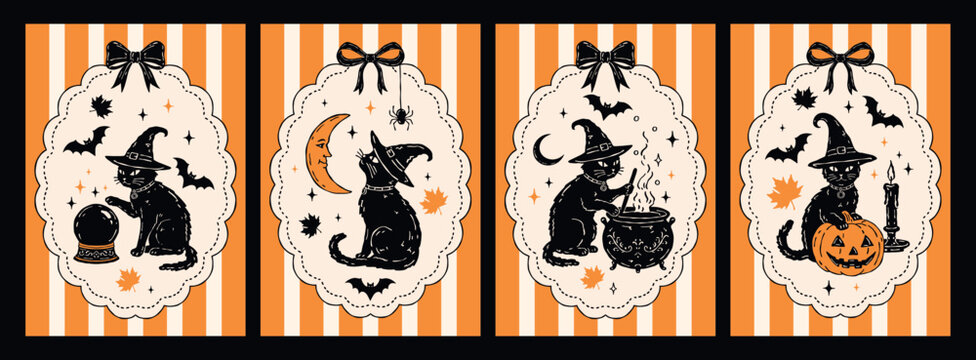 Vintage Halloween vector greeting card set featuring witch cats, crystal ball, moon, pumpkins and candles in monochrome silhouette style with orange accents for seasonal designs