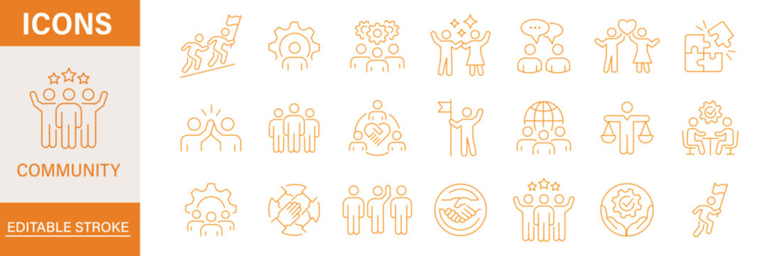 Modern Community web icons in line style. People, family, friendship, community, neighborhood, inclusion. Editable stroke. Vector illustration. charity web icons set. help, assistance, volunteer icons
