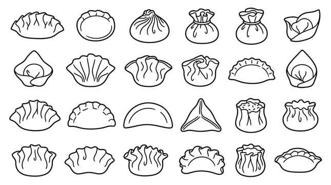 Collection of various Asian dumplings and dim sum in a simple line art style.