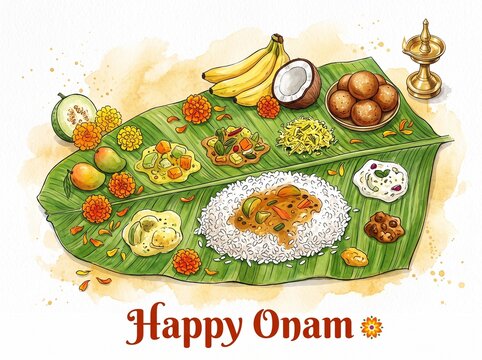 Watercolor painting of onam sadhya feast with traditional oil lamp decoration