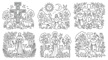 Obraz premium Set of six illustrations depicting Saint Francis of Assisi with animals and religious symbols in a natural setting.