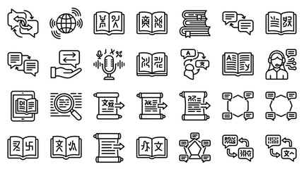 Collection of outline icons representing translation, language learning, and communication concepts. © Nuria
