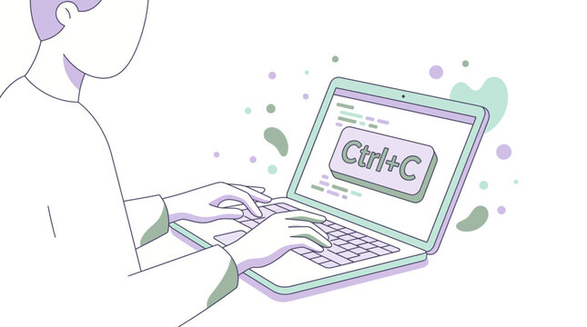 Minimalist laptop illustration with Ctrl+C symbol for copy action or Stylized tech scene showing a laptop with keyboard and code elements for digital programming or keyboard shortcut graphic