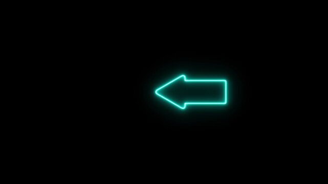 A glowing cyan neon arrow pointing to the left side on a dark black background representing direction or navigation for digital