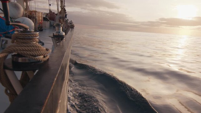 Expeditional sailing vessel moves in the open ocean